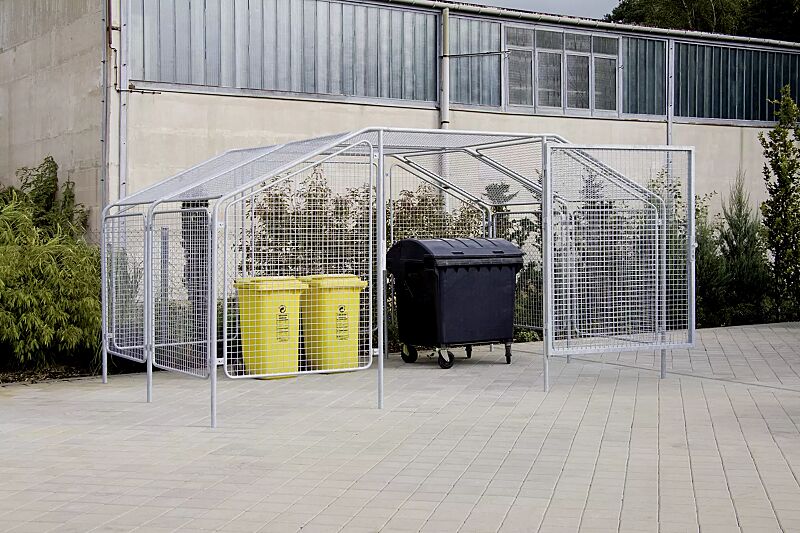 wertstoffueberdachung-sputnik__shoKAT0029987 Wertstoffüberdachung SPUTNIK für 4 Stück 4-Rad-Abfallgroßbehälter, Dachbreite x Dachtiefe 4750 mm x 3000 mm, Stahlkonstruktion feuerverzinktWertstoffüberdachung SPUTNIK Dachbreite x Dachtiefe 4750 mm x 3000 mm, Stahlkonstruktion feuerverzinkt