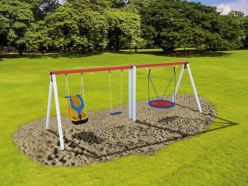 Zweifachschaukel WILMA mit Inklusionsschaukelsitz, Standard-Sicherheitsschaukelsitz und Nestschaukel